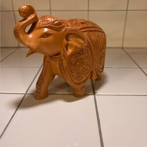 Hand Carved Wooden Elephant Figurine Trunk Up Good Luck India
